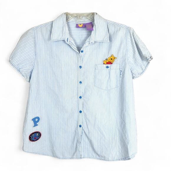 Disney Tops - Vintage Disney Pooh Bear XL Button Front Striped Top Embroidered Patches Cap Slv